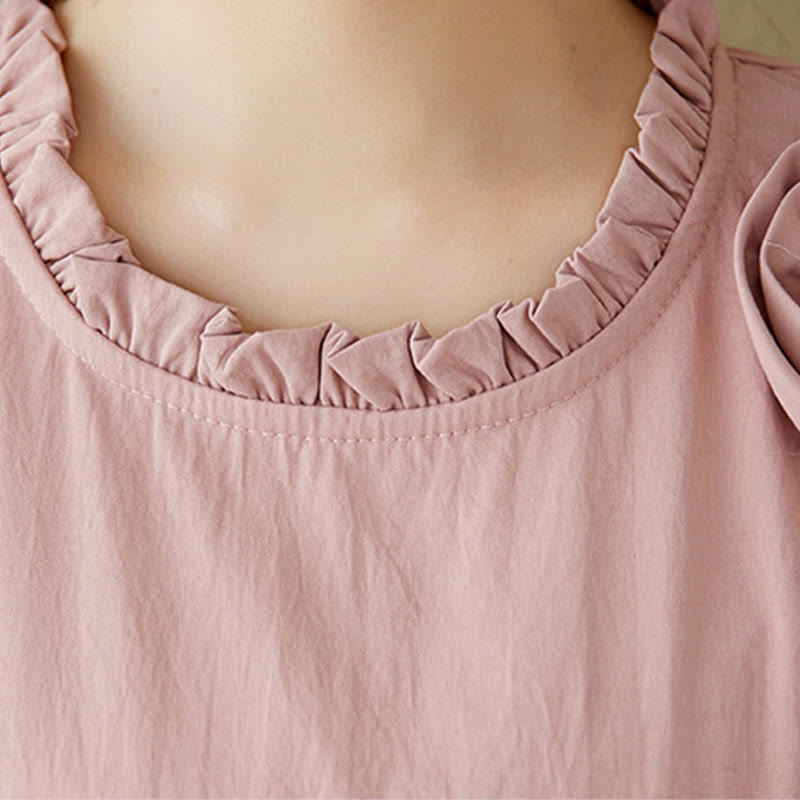 Buddha Stones Three-Dimensional Flower Design Ruffled Neck Cotton Linen Midi Dress With Pockets - image 9