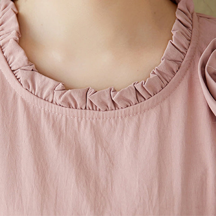 Buddha Stones Three-Dimensional Flower Design Ruffled Neck Cotton Linen Midi Dress With Pockets - image 9