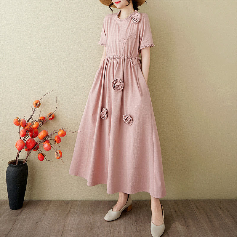 Buddha Stones Three-Dimensional Flower Design Ruffled Neck Cotton Linen Midi Dress With Pockets - image 3