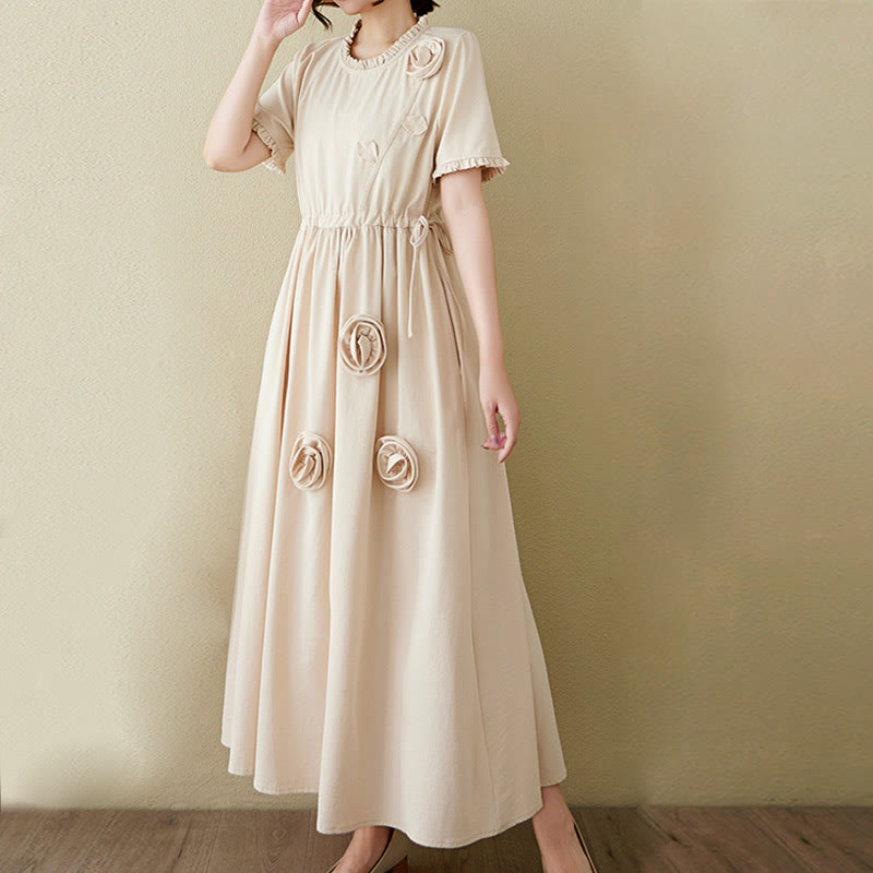 Buddha Stones Three-Dimensional Flower Design Ruffled Neck Cotton Linen Midi Dress With Pockets - image 20