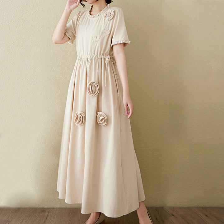 Buddha Stones Three-Dimensional Flower Design Ruffled Neck Cotton Linen Midi Dress With Pockets - image 20
