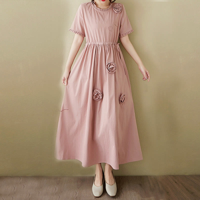 Buddha Stones Three-Dimensional Flower Design Ruffled Neck Cotton Linen Midi Dress With Pockets - image 5