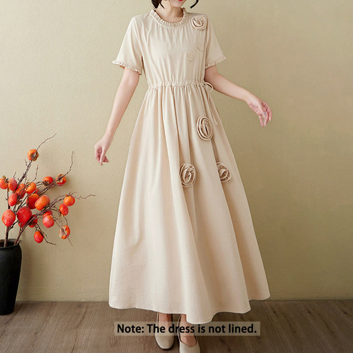 Buddha Stones Three-Dimensional Flower Design Ruffled Neck Cotton Linen Midi Dress With Pockets - image 18