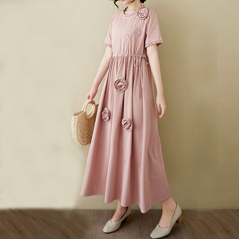 Buddha Stones Three-Dimensional Flower Design Ruffled Neck Cotton Linen Midi Dress With Pockets - image 4