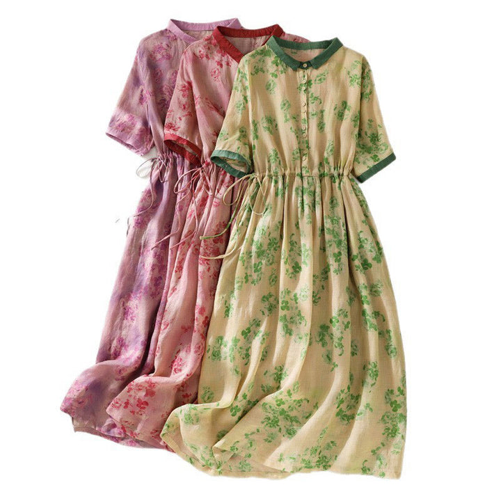 Buddha Stones Retro Printing Buttons Design Drawstring High Waist Cotton Midi Dress With Pockets - image 31