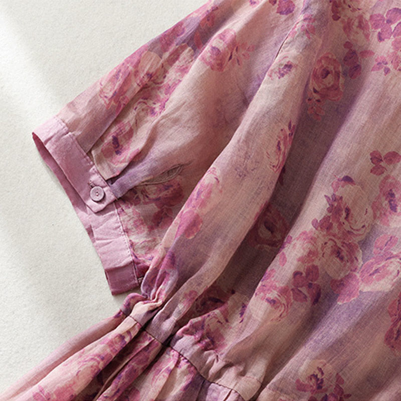 Buddha Stones Printing Buttons Drawstring High Waist Short Sleeve Cotton Midi Dress With Pockets - image 25