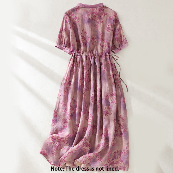 Buddha Stones Retro Printing Buttons Design Drawstring High Waist Cotton Midi Dress With Pockets - image 22