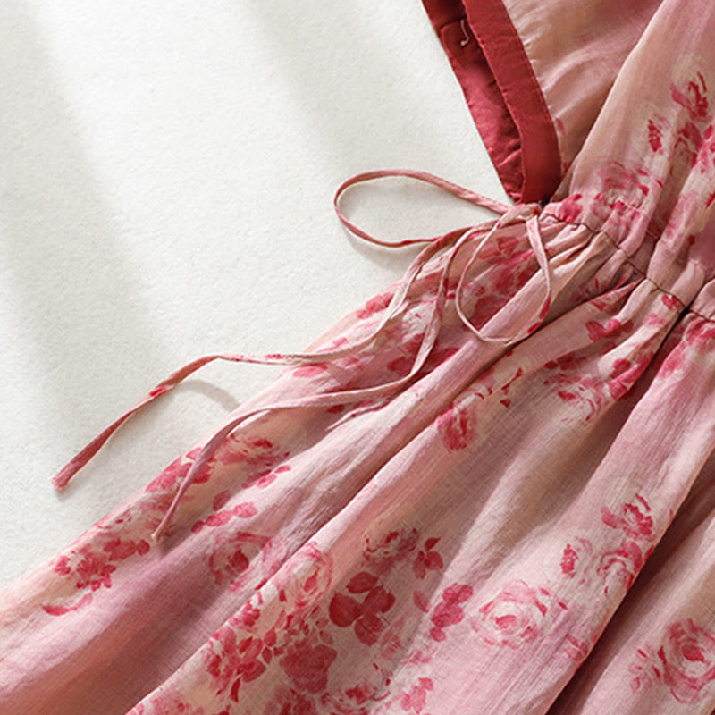 Buddha Stones Printing Buttons Drawstring High Waist Short Sleeve Cotton Midi Dress With Pockets - image 4