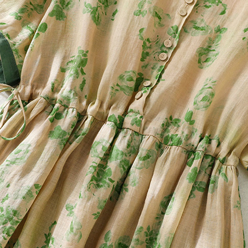 Buddha Stones Retro Printing Buttons Design Drawstring High Waist Cotton Midi Dress With Pockets - image 16