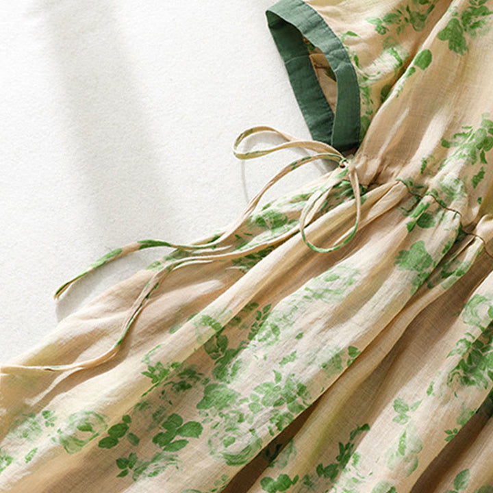 Buddha Stones Retro Printing Buttons Design Drawstring High Waist Cotton Midi Dress With Pockets - image 15