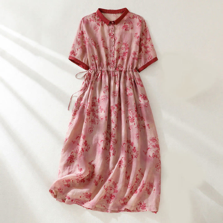 Buddha Stones Printing Buttons Drawstring High Waist Short Sleeve Cotton Midi Dress With Pockets - Salmon - US8-10，UK/AU12-14，EU40-42 (2XL) - image 0