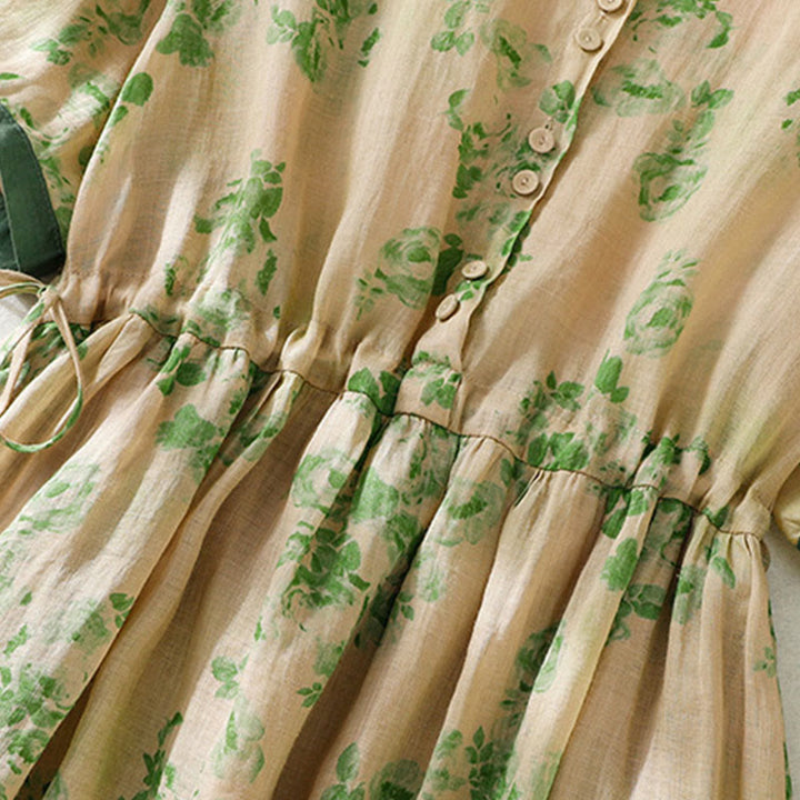 Buddha Stones Printing Buttons Drawstring High Waist Short Sleeve Cotton Midi Dress With Pockets - image 15