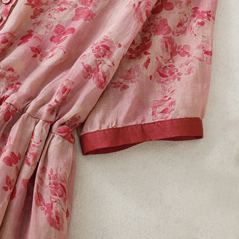 Buddha Stones Printing Buttons Drawstring High Waist Short Sleeve Cotton Midi Dress With Pockets - image 5