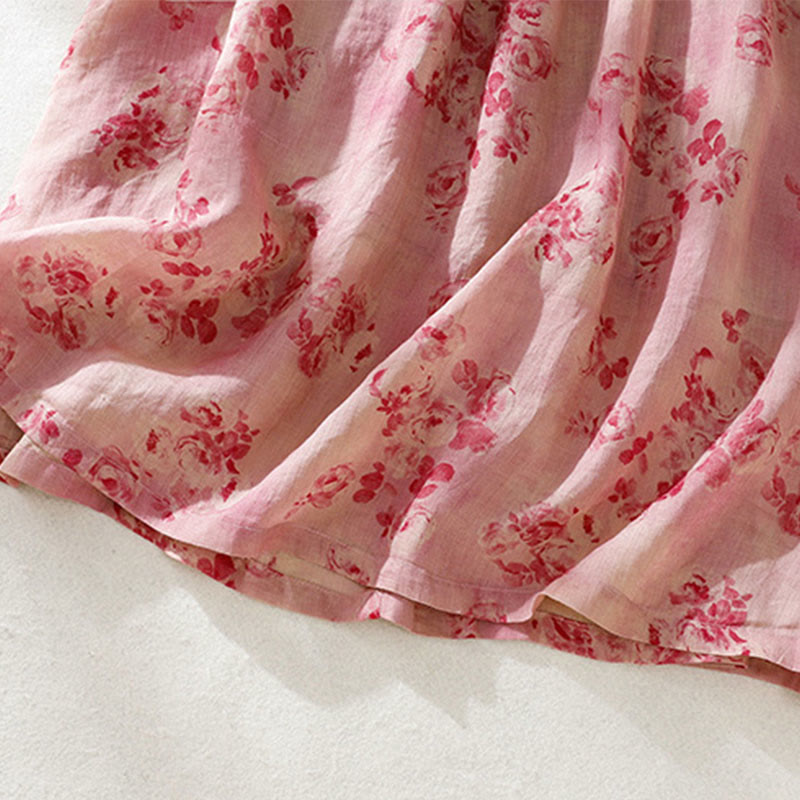 Buddha Stones Printing Buttons Drawstring High Waist Short Sleeve Cotton Midi Dress With Pockets - image 6