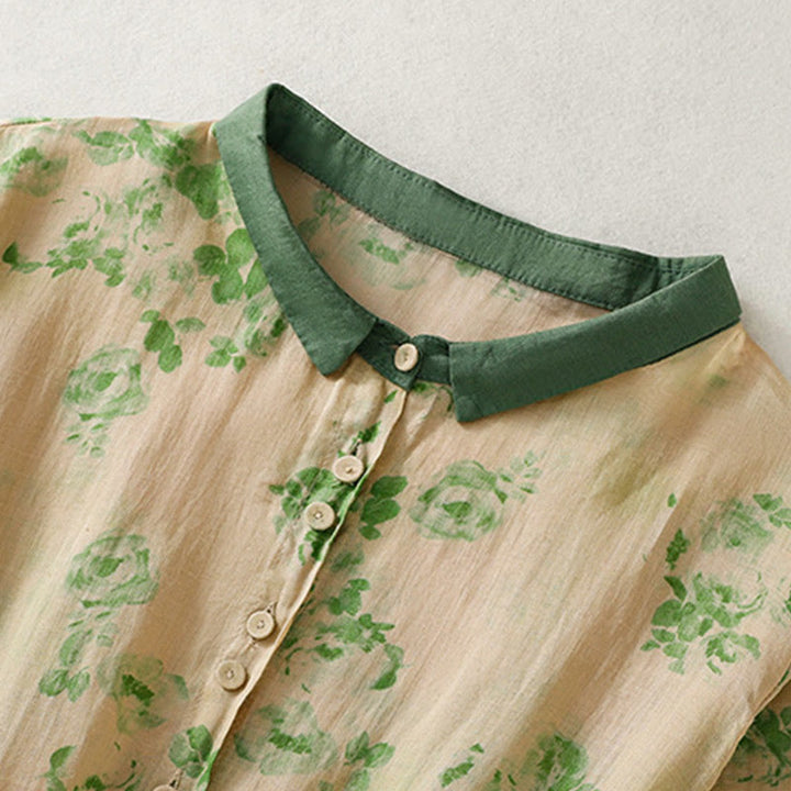 Buddha Stones Printing Buttons Drawstring High Waist Short Sleeve Midi Dress With Pockets - image 9