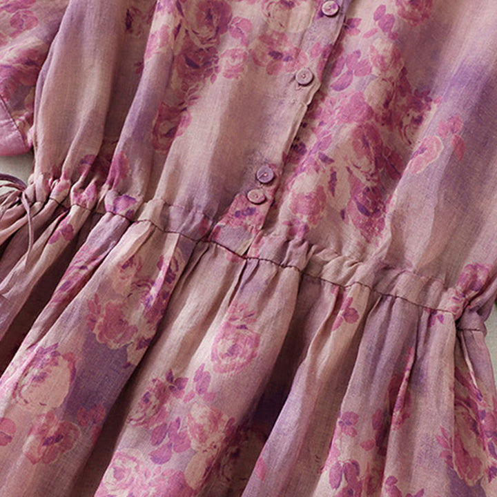 Buddha Stones Printing Buttons Drawstring High Waist Short Sleeve Midi Dress With Pockets - image 24