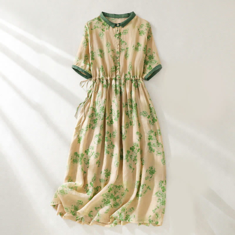 Buddha Stones Retro Printing Buttons Design Drawstring High Waist Cotton Midi Dress With Pockets - LightGoldenrodYellow - US8-10，UK/AU12-14，EU40-42 (2XL) - image 8