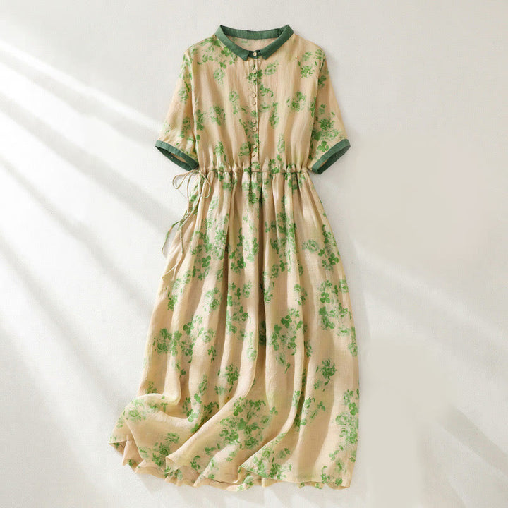 Buddha Stones Printing Buttons Drawstring High Waist Short Sleeve Cotton Midi Dress With Pockets - LightGoldenrodYellow - US8-10，UK/AU12-14，EU40-42 (2XL) - image 7