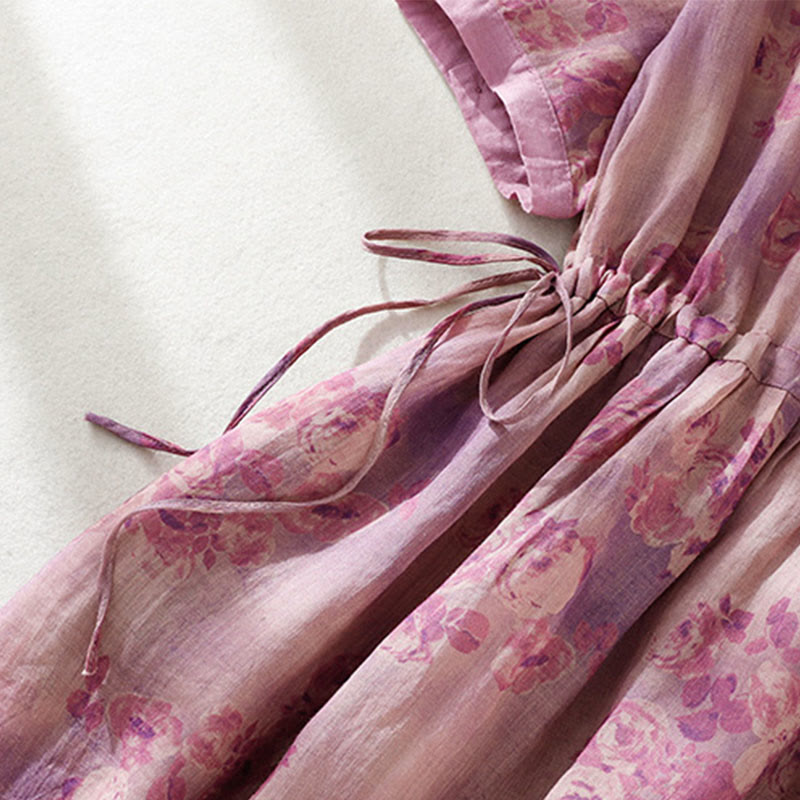 Buddha Stones Printing Buttons Drawstring High Waist Short Sleeve Cotton Midi Dress With Pockets - image 26