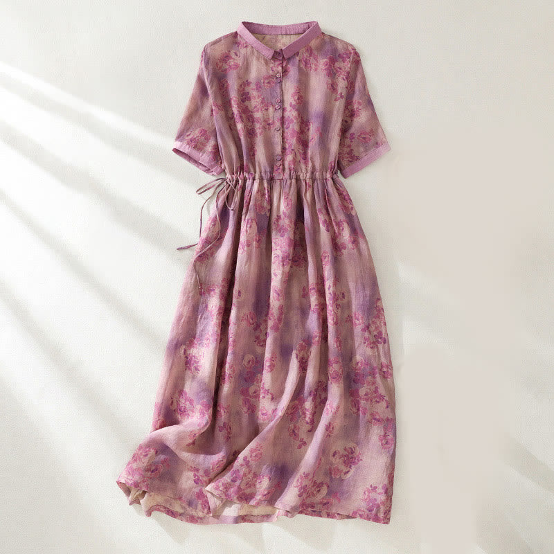 Buddha Stones Retro Printing Buttons Design Drawstring High Waist Cotton Midi Dress With Pockets - PaleVioletRed - US8-10，UK/AU12-14，EU40-42 (2XL) - image 21