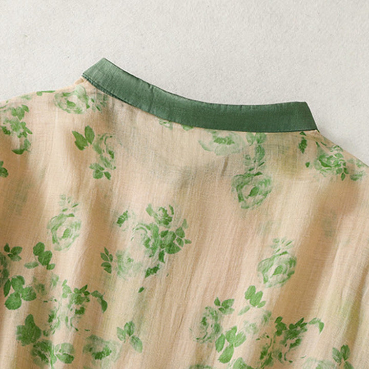 Buddha Stones Printing Buttons Drawstring High Waist Short Sleeve Cotton Midi Dress With Pockets - image 10