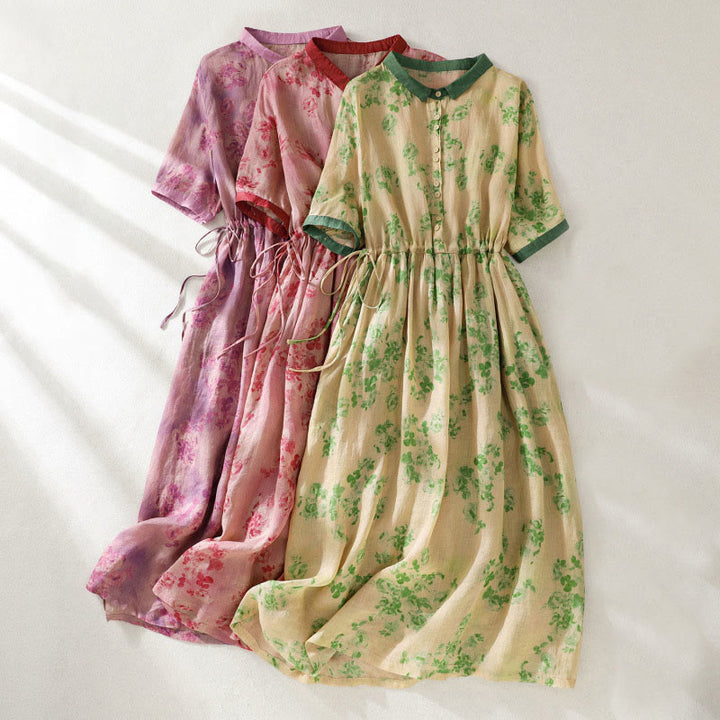 Buddha Stones Retro Printing Buttons Design Drawstring High Waist Cotton Midi Dress With Pockets - image 29