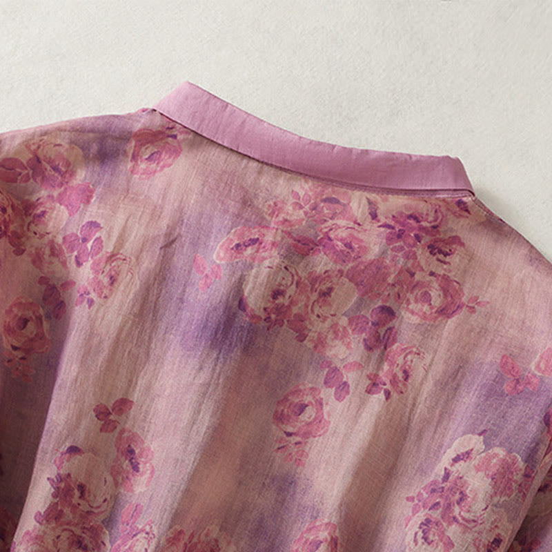 Buddha Stones Printing Buttons Drawstring High Waist Short Sleeve Cotton Midi Dress With Pockets - image 23