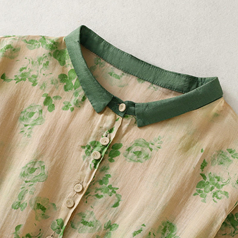 Buddha Stones Printing Buttons Drawstring High Waist Short Sleeve Cotton Midi Dress With Pockets - image 9