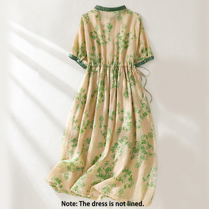 Buddha Stones Retro Printing Buttons Design Drawstring High Waist Cotton Midi Dress With Pockets - image 9