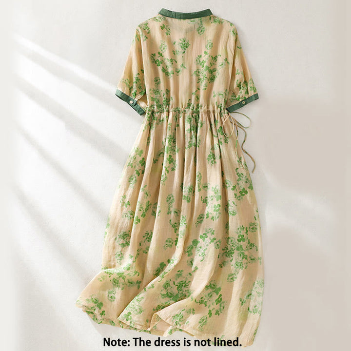 Buddha Stones Retro Printing Buttons Design Drawstring High Waist Cotton Midi Dress With Pockets - image 9