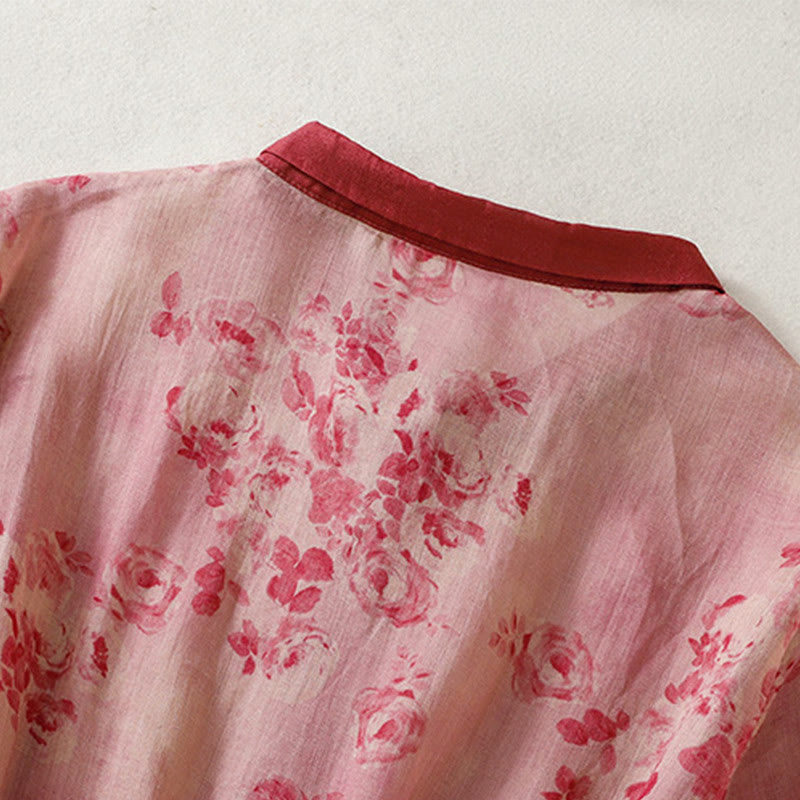 Buddha Stones Printing Buttons Drawstring High Waist Short Sleeve Cotton Midi Dress With Pockets - image 3