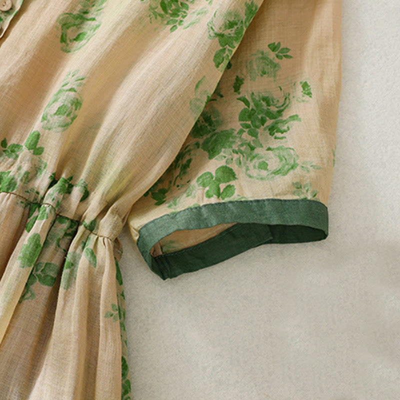 Buddha Stones Printing Buttons Drawstring High Waist Short Sleeve Cotton Midi Dress With Pockets - image 13