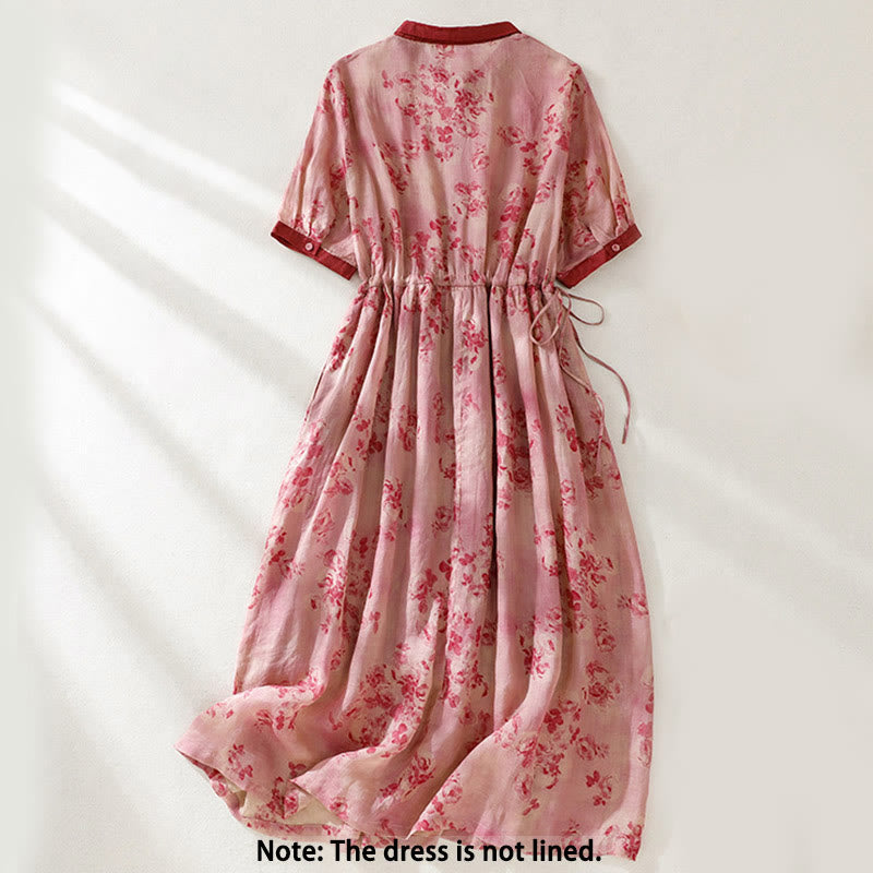 Buddha Stones Retro Printing Buttons Design Drawstring High Waist Cotton Midi Dress With Pockets - image 2
