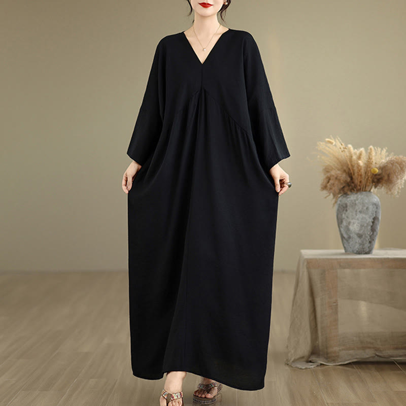 Buddha Stones Fall Pure Color V-Neck Long Sleeve Cotton Midi Dress - Black - US4-12，UK/AU8-18，EU36-46(F) - image 1