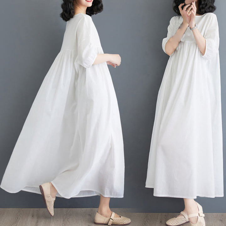 Buddha Stones Casual Solid Color Pleated Design Crew Neck Half Puff Sleeve Cotton Midi Dress - White - US14，UK/AU18，EU46 (2XL) - image 7