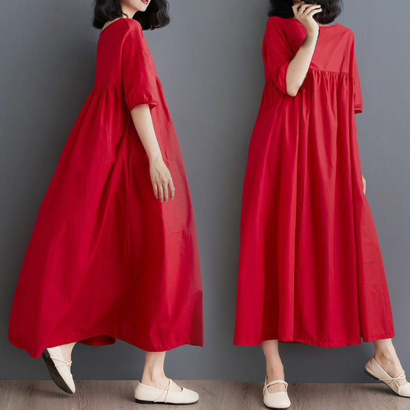 Buddha Stones Casual Solid Color Pleated Design Crew Neck Half Puff Sleeve Cotton Midi Dress - Red - US14，UK/AU18，EU46 (2XL) - image 21