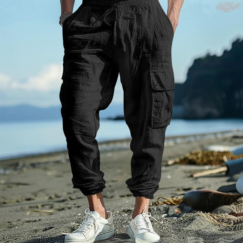 Buddha Stones Solid Color Linen Drawstring Men's Cargo Pants With Pockets - Black - US/UK/AU46，EU56 (3XL) - image 1