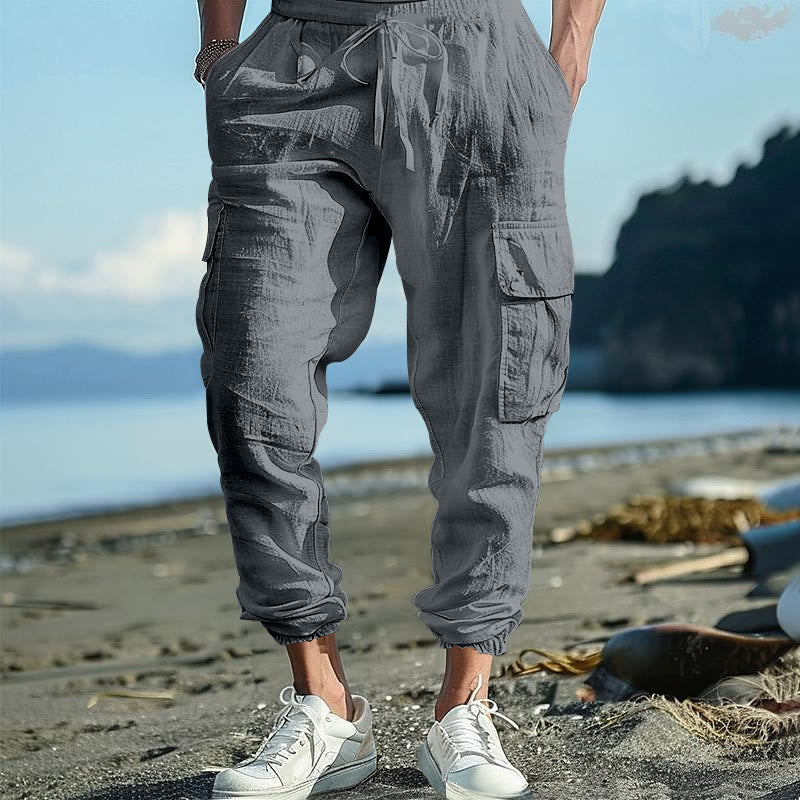 Buddha Stones Solid Color Linen Drawstring Men's Cargo Pants With Pockets - Gray - US/UK/AU46，EU56 (3XL) - image 15