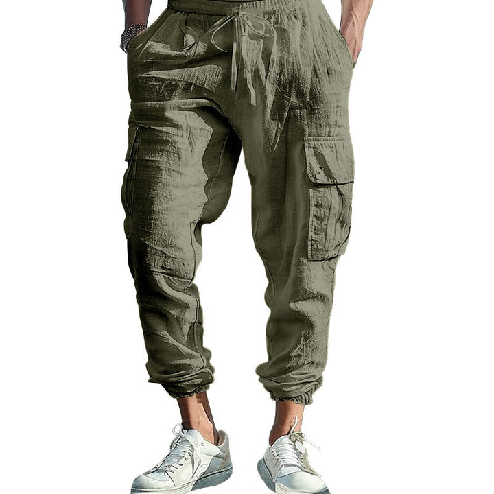 Buddha Stones Solid Color Linen Drawstring Men's Cargo Pants With Pockets - DarkSeaGreen - US/UK/AU46，EU56 (3XL) - image 30
