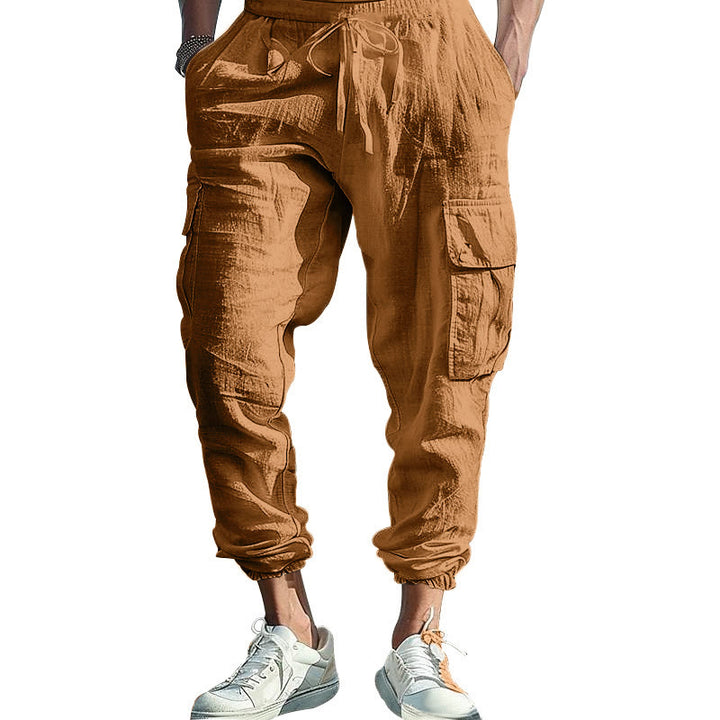 Buddha Stones Solid Color Linen Drawstring Men's Cargo Pants With Pockets - SandyBrown - US/UK/AU46，EU56 (3XL) - image 31
