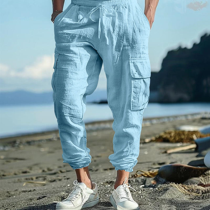 Buddha Stones Solid Color Linen Drawstring Men's Cargo Pants With Pockets - LightSkyBlue - US/UK/AU46，EU56 (3XL) - image 8