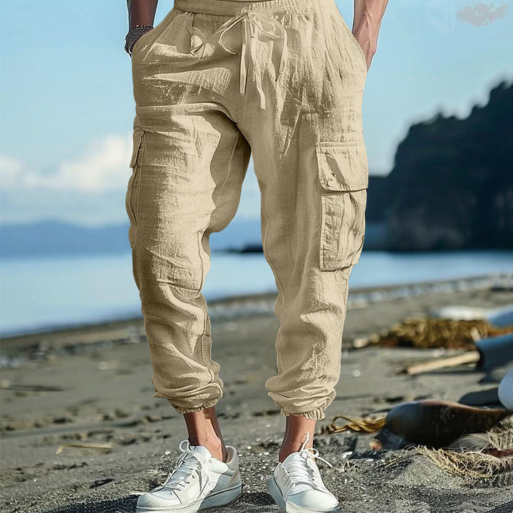 Buddha Stones Solid Color Linen Drawstring Men's Cargo Pants With Pockets - Wheat - US/UK/AU46，EU56 (3XL) - image 22