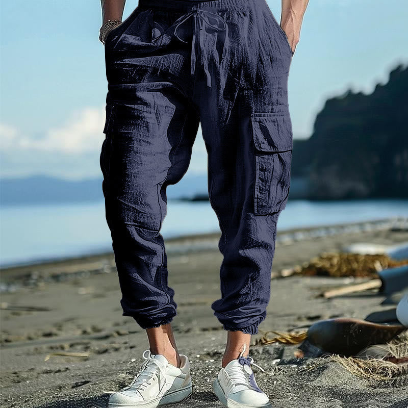 Buddha Stones Solid Color Linen Drawstring Men's Cargo Pants With Pockets - SteelBlue - US/UK/AU46，EU56 (3XL) - image 29