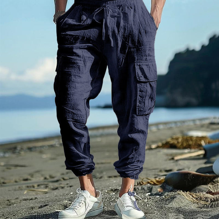 Buddha Stones Solid Color Linen Drawstring Men's Cargo Pants With Pockets - SteelBlue - US/UK/AU46，EU56 (3XL) - image 29