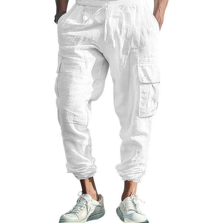 Buddha Stones Solid Color Linen Drawstring Men's Cargo Pants With Pockets - image 32