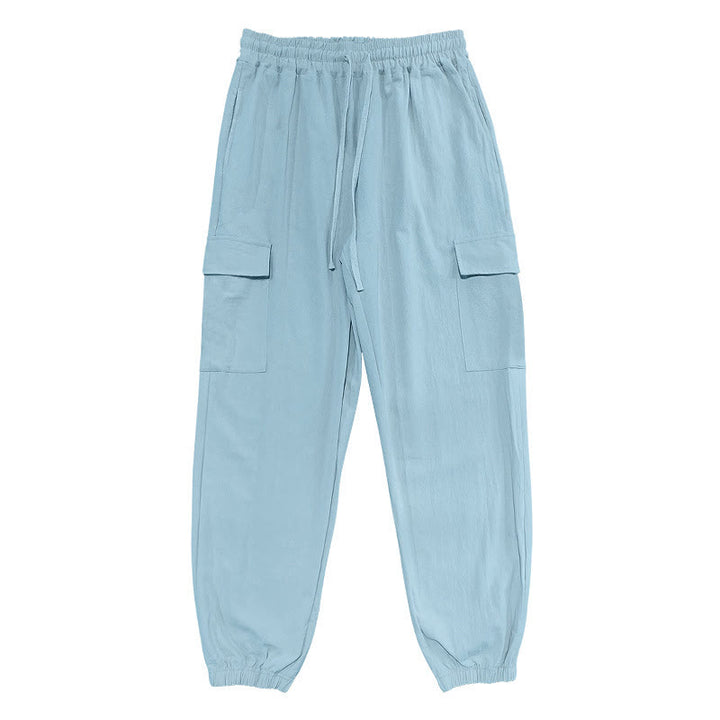 Buddha Stones Solid Color Linen Drawstring Men's Cargo Pants With Pockets - LightSkyBlue - US/UK/AU46，EU56 (3XL) - image 9