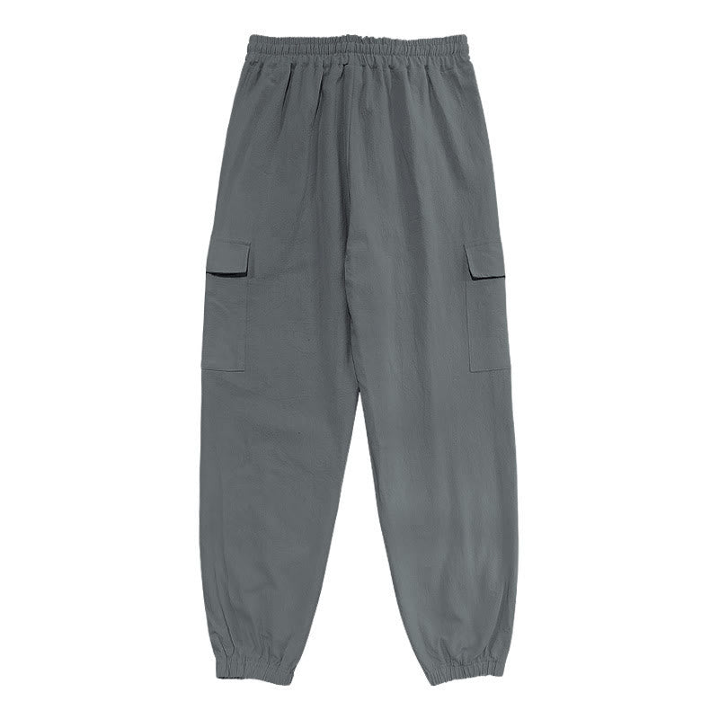 Buddha Stones Solid Color Linen Drawstring Men's Cargo Pants With Pockets - image 17