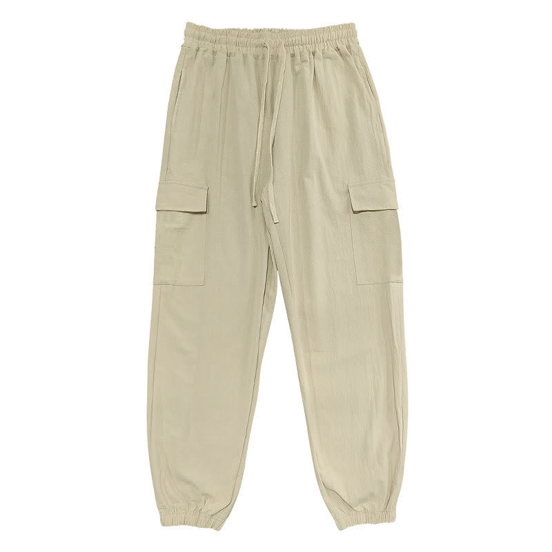 Buddha Stones Solid Color Linen Drawstring Men's Cargo Pants With Pockets - image 23