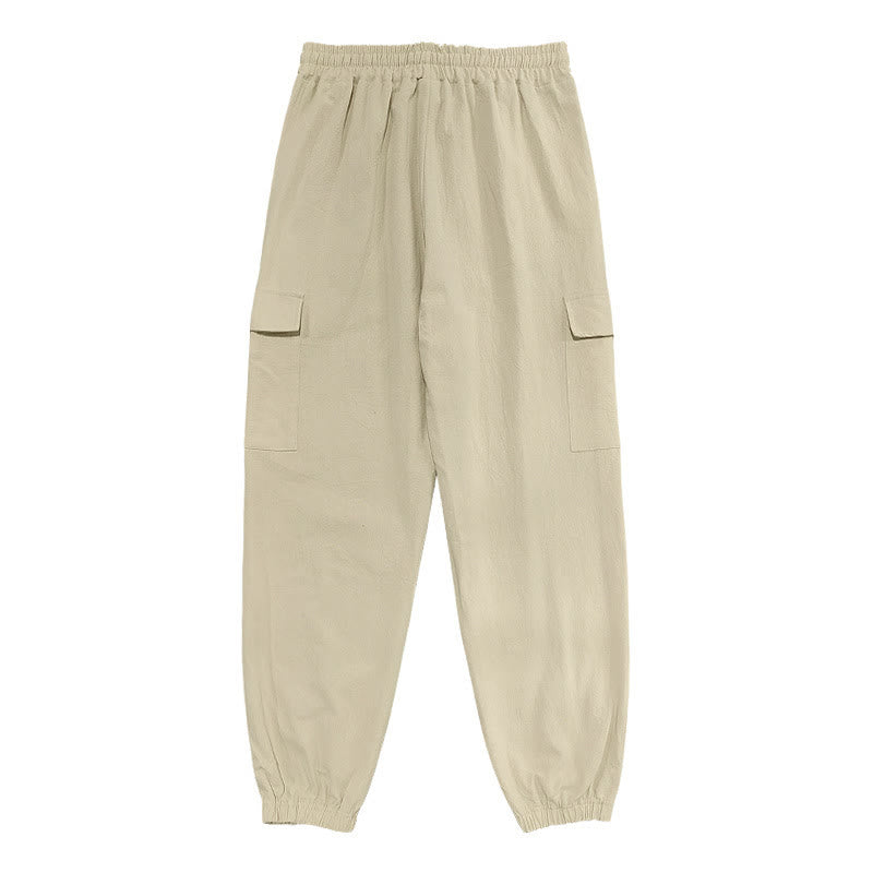 Buddha Stones Solid Color Linen Drawstring Men's Cargo Pants With Pockets - image 24