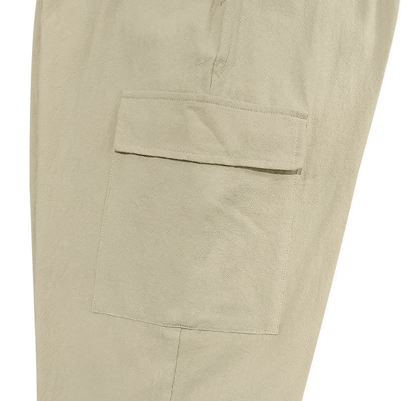 Buddha Stones Solid Color Linen Drawstring Men's Cargo Pants With Pockets - image 26
